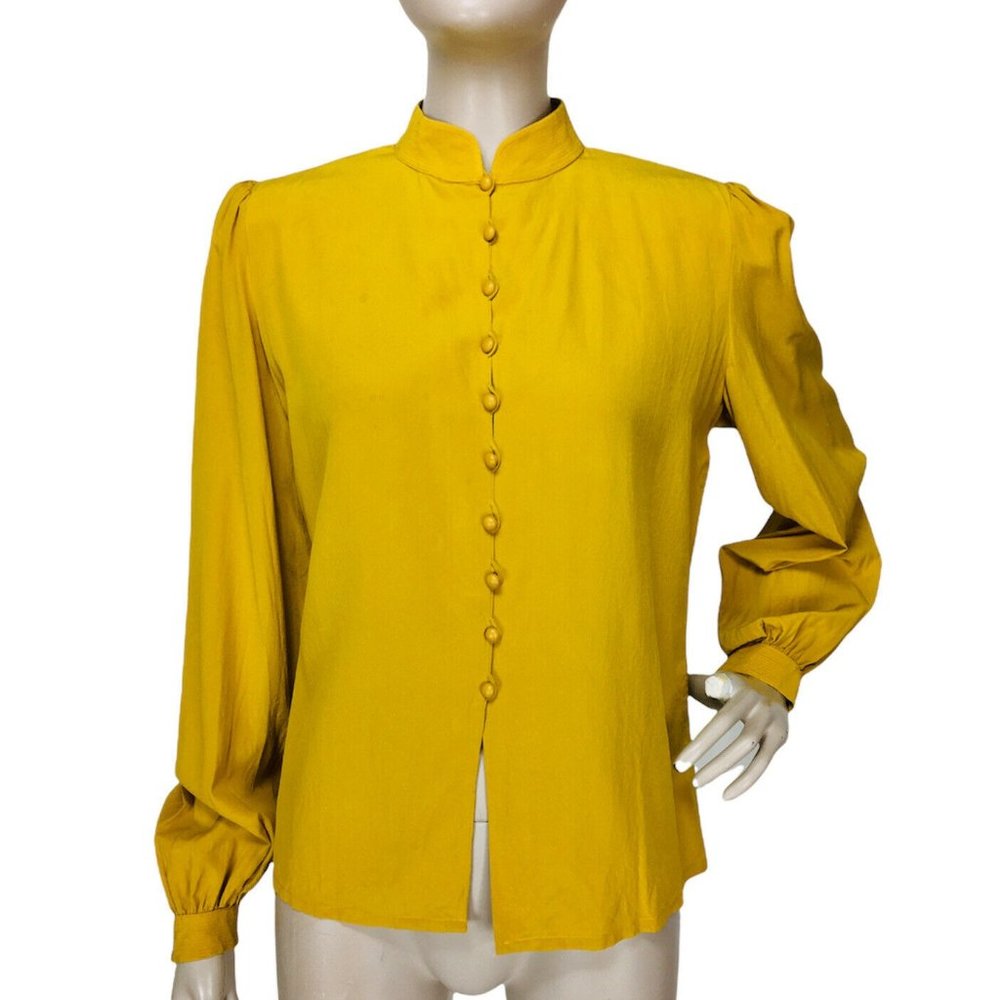 Vintage 90's Jean Louis Scherrer Paris Mustard Gold Crepe Button-Down Bl…
